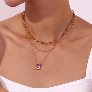 Three-layer gold necklace with chunky chain and purple heart zircon pendant for women