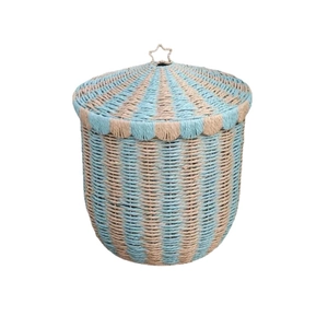 Circus tent style woven rattan storage basket with star handle lid in blue and natural