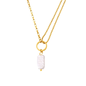 Double-layered 18k gold plated necklace with baroque pearl pendant on rectangular link chain