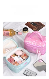 Close-up of quilted glossy makeup bags with top handles and high-capacity dual zippers