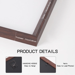 Detail of 1.5cm width solid wood photo frame with hanging hooks and swivel metal tabs