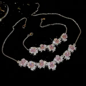 Square Pink Zircon Flower Cluster Necklace And Bracelet Silver Plated Copper For Women Light Luxury Fashion Jewelry