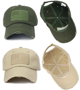 Detailed views of vintage distressed American flag baseball caps with embroidery