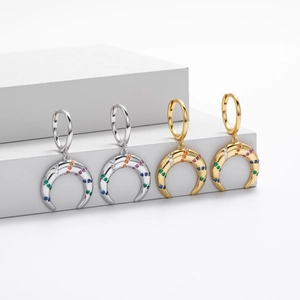 Elegant S925 sterling silver crescent moon earrings with colorful zircon stones