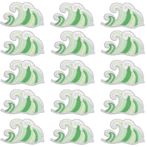 Set of 15 green ocean wave embroidered iron-on patches for clothes decoration
