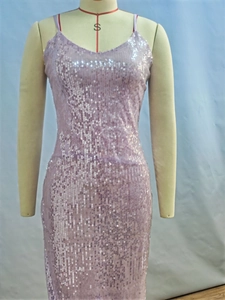 Detail of light purple sequined bodycon dress with slim straps and elegant V-neckline