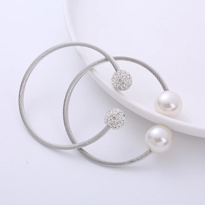 Elegant silver twisted wire open bracelets with white pearls and sparkling crystal spheres