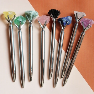 Natural Crystal Rough Stone Ballpoint Pen Silver Metal Creative Writing Tool Office Stationery Elegant Gift Present