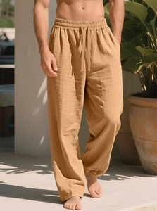 Lockere schnelltrocknende Herren Freizeithose aus Baumwolle-Leinen in Khaki mit Kordel
