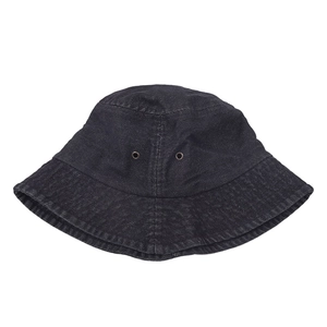 Retro washed black denim bucket hat with metal eyelets and stitched brim in a flat lay view