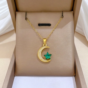Moon Star Pendant Necklace Stainless Steel Chain Copper Zirconia Rhinestone Celestial Dainty Jewelry Gift For Women