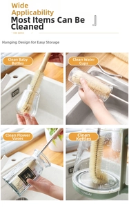 Detailed view of flexible long-handled bottle brush cleaning narrow glass and kitchenware
