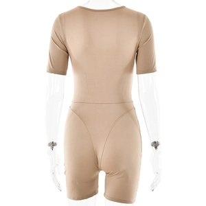 Back view of a khaki short sleeve bodysuit with V-neck on a transparent female mannequin