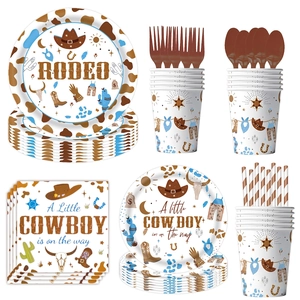 Western cowboy themed party tableware set with plates, napkins, cups and rodeo motifs