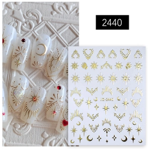 Laser gold moon and star nail art stickers with 3D metallic hollow starburst designs