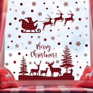 Christmas Window Stickers Buffalo Plaid Red Black Check PVC Static Cling Reindeer Santa Sleigh Snowflake Holiday Wall Decals