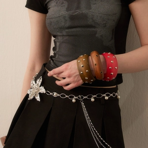 Retro wide wood bangles with metal studs and a floral silver chain waist belt set