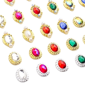 Baroque oval nail art charms with colorful gemstones and pearl gold silver metal base