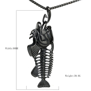 Retro stainless steel fishbone pendant necklace for men in black finish with dimensions