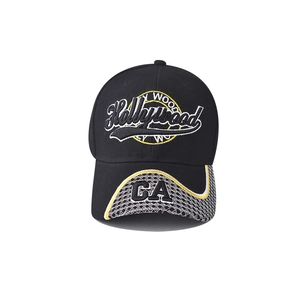Detail of 3D Hollywood embroidery and CA letter stitching on brim of baseball cap
