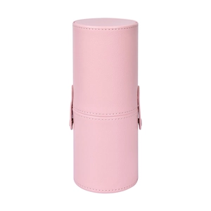 Pink leather cylinder makeup brush holder with dustproof cover and side button closure