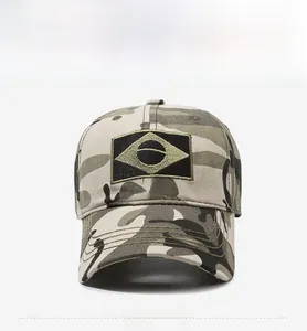 Front view of camouflage baseball cap featuring a black and green Brazil flag patch