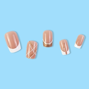 Short square press-on nails with nude base, white French tips and gold line grid design