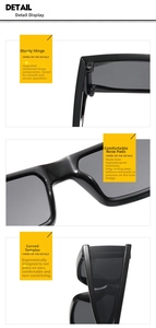 Detail of robust hinges, ergonomic nose pads and curved temples on black sunglasses
