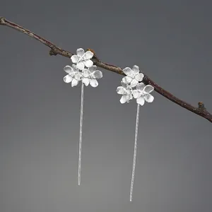 Handmade S925 sterling silver forget-me-not flower long dangle earrings for women