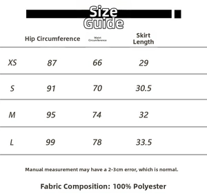 Size guide for women's A-line mini skirt showing hip and waist measurements in cm