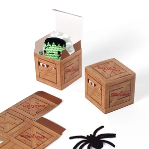 Handmade crochet Frankenstein doll with wood-grain gift box for Halloween party favors