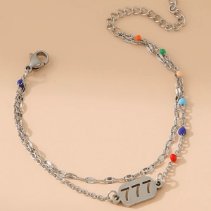 Bracciale a doppio strato dorato con perline colorate e ciondolo numero fortunato 777