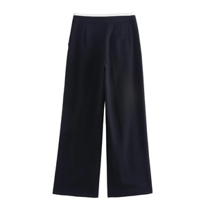 Women's wide leg trousers in navy blue with a stylish white contrast high-waisted band