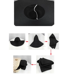 Foldable black wide brim straw sun hat for women with adjustable inner strap for beach travel