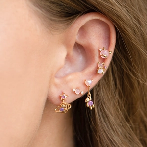Pink Bear Star Heart Cat Stud Earrings With 18K Gold Plated Brass Cubic Zirconia And 925 Sterling Silver Earring Post