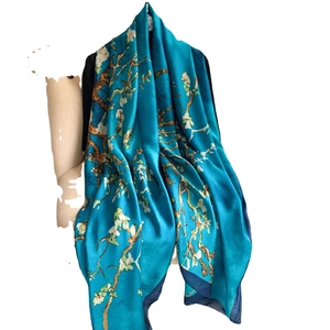 Elegant lake blue silk scarf featuring Van Gogh style almond blossom art print shawl