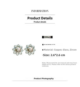 Detailed view of flower earrings with blue crystal zircon petals and a center pearl