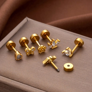 20G gold stainless steel ear bone studs set with cubic zirconia and flat screw backs