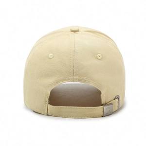 Rear view of beige cotton baseball cap featuring metal adjustment buckle and embroidery