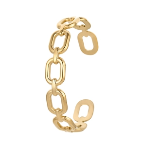Detail of a gold C-shaped open bracelet with a minimalist linked square chain design