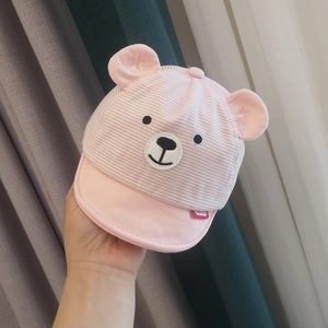 Pink striped baby baseball cap with cute 3D bear ears and soft cotton sun protection