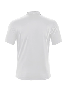 Rear view of white short-sleeved polo shirt showing breathable twill fabric texture