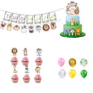 Bohemian floral jungle party set with 'TWO Wild' banner, cake toppers and animal balloons