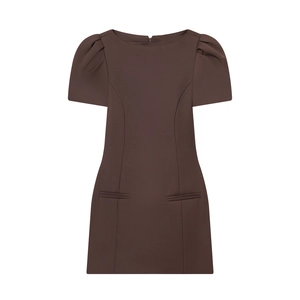 Women Coffee Brown Puff Short Sleeve Mini Dress Round Neck High Waist Pocket Detail Elegant Solid Color Twill