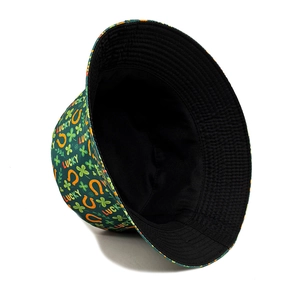 Green St. Patrick's Day bucket hat with Lucky text and clover prints for festive sun protection