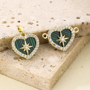 Gold plated heart pendant and connector with green red enamel and sparkling zircon stars
