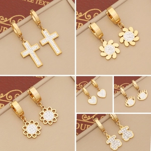 Fashion Dangle Hoop Earrings For Women Stainless Steel Gold Plated Full Zircon Cross Heart Bear Flower Eye Sparkly Trendy