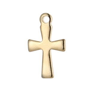 Detailed close-up of polished gold stainless steel cross pendant with smooth metallic finish