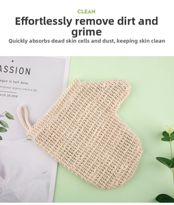 Close-up of natural linen exfoliating bath glove with textured weave and hanging loop
