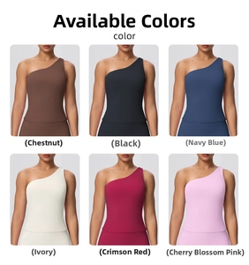Collage of single shoulder sports bras in six colors including black and chestnut brown